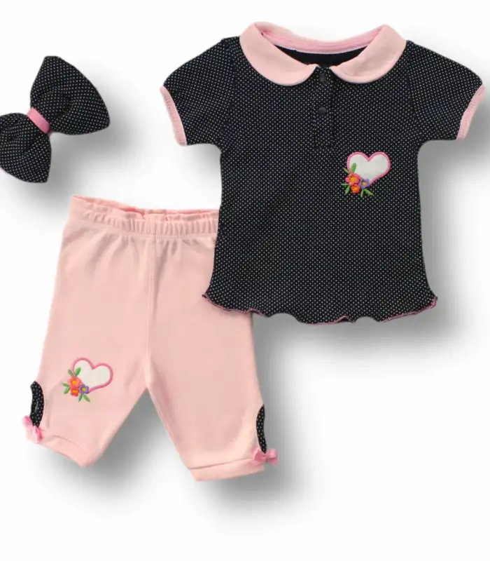 3-6 6-9 9-12 12-18 Ay Uzayın Kalbi Nakışlı Bandanalı Kısa Kollu Sweat 3lü Kız Bebek Takımı Siyah