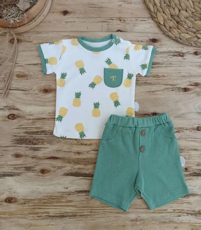 3-6 6-9 9-12 Ay Ananas Baskılı Şort Tişört 2 Li Kız Erkek Bebek Takımı Yeşil