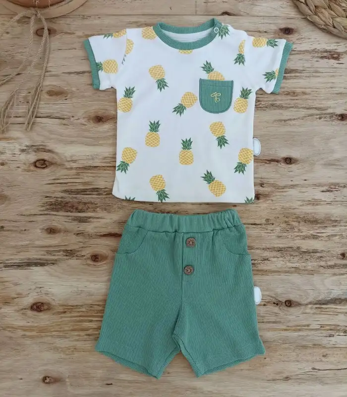 3-6 6-9 9-12 Ay Ananas Baskılı Şort Tişört 2 Li Kız Erkek Bebek Takımı Yeşil
