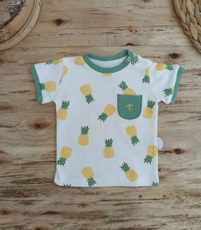 3-6 6-9 9-12 Ay Ananas Baskılı Şort Tişört 2 Li Kız Erkek Bebek Takımı Yeşil