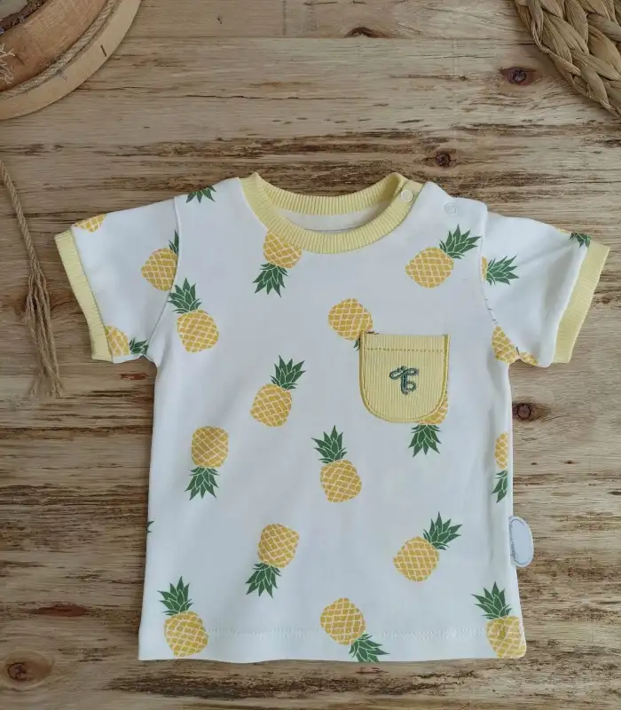 3-6 6-9 9-12 Ay Ananas Baskılı Şort Tişört 2 Li Kız Erkek Bebek Takımı Sarı