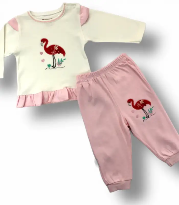 3-6 6-9 9-12 Ay Flamingo Nakışlı Uzun Kollu Sweatli 2li Kız Bebek Takımı Ekru