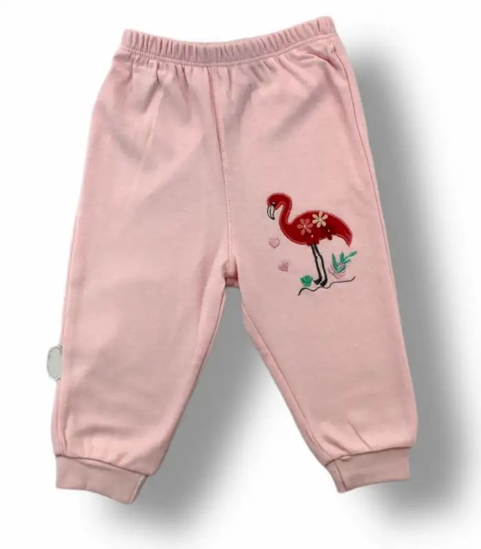 3-6 6-9 9-12 Ay Flamingo Nakışlı Uzun Kollu Sweatli 2li Kız Bebek Takımı Ekru