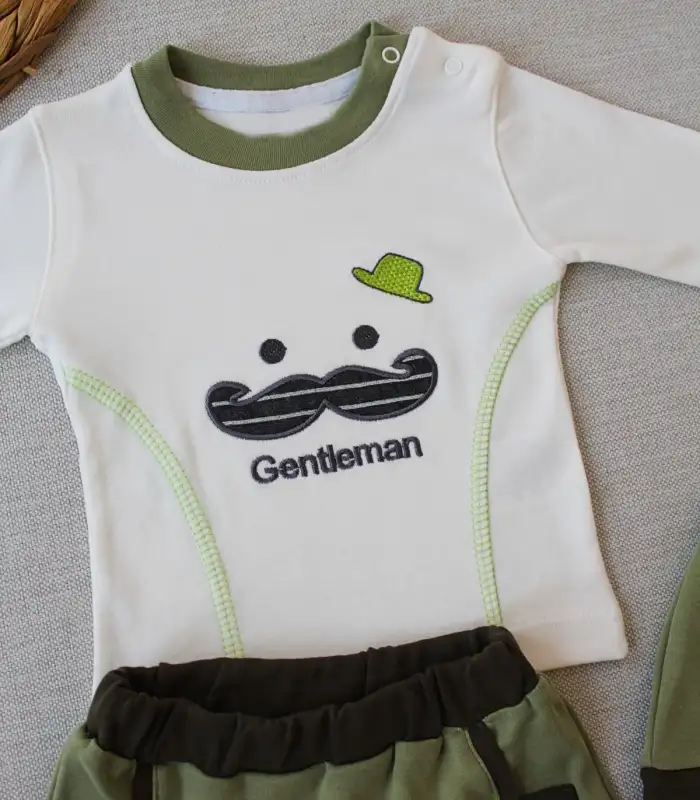3-6 6-9 9-12 Ay Gentleman Erkek Nakışlı Şapkalı Uzun Kollu Sweat 3lü Erkek Bebek Takımı Yeşil