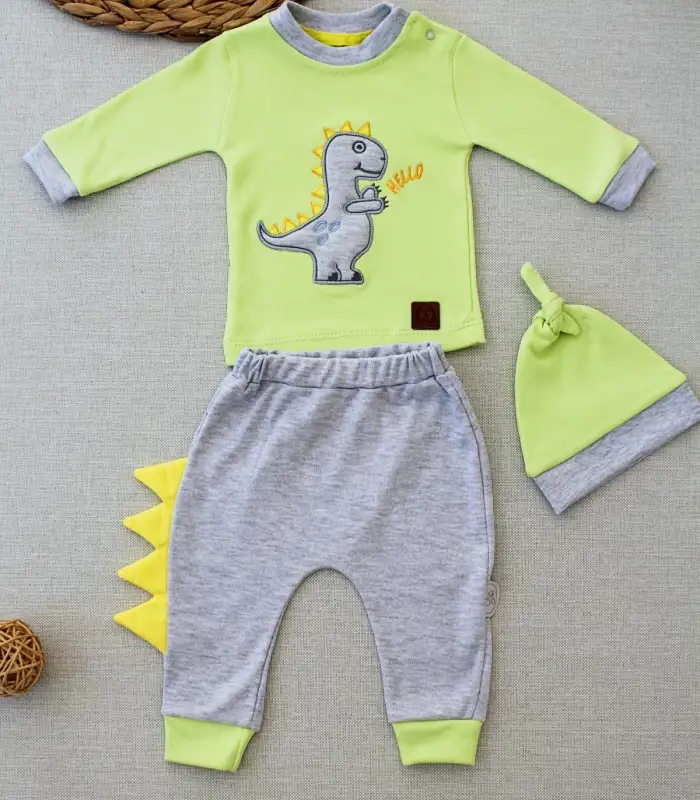 3-6 6-9 9-12 Ay Minik Dino Nakışlı Şapkalı Uzun Kollu Sweat 3lü Kız-erkek Bebek Takımı Yeşil