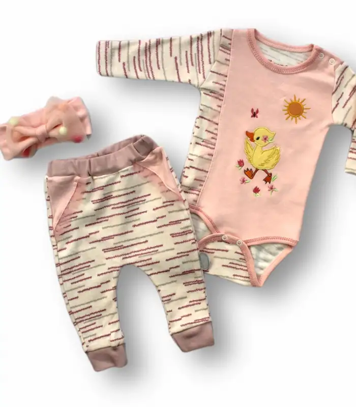 3-6 6-9 9-12 Ay Süslü Ördek Nakışlı Şapkalı Uzun Kollu Zıbınlı 3lü Kız Bebek Takımı Pembe