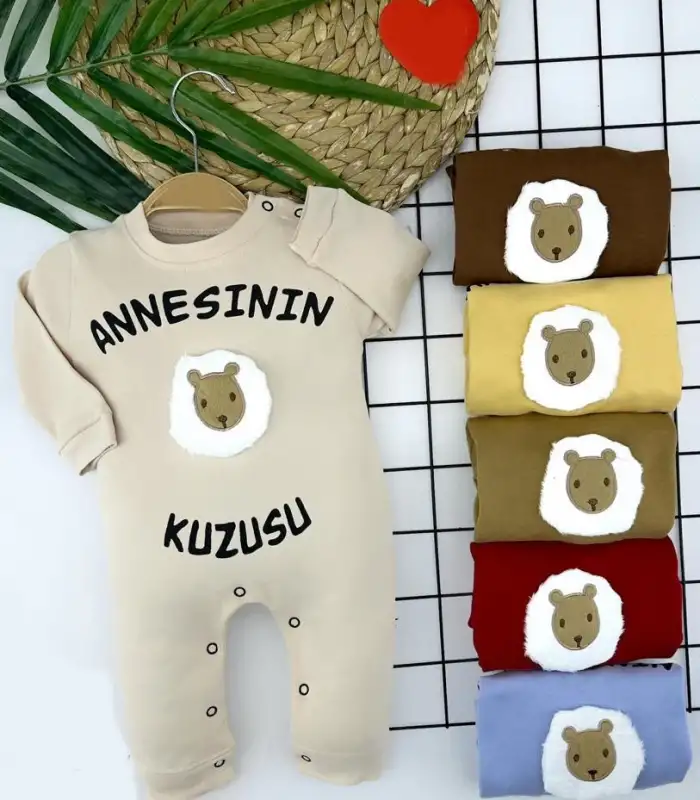 3-6-9-12 Ay Annesinin Kuzusu Baskılı Uzun Kollu Kız Erkek Bebek Tulumu Bej