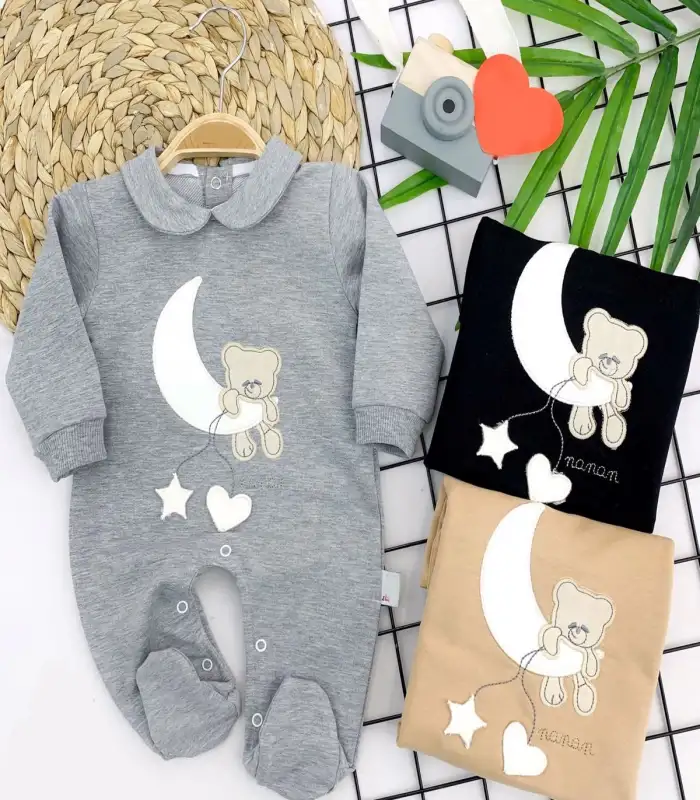 3-6-9-12 Ay Ayda Sallanan Ayıcık Nakışlı Kız Erkek Bebek Tulum Siyah