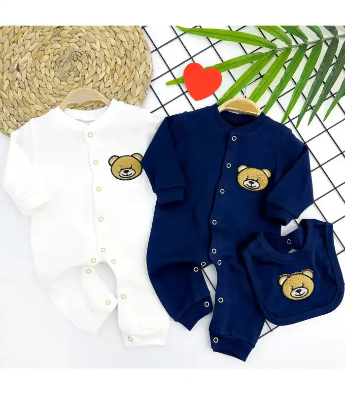 3-6-9-12 Ay Ayıcık Nakışlı Önlüklü Çıt Çıt Kapama Kız Erkek Bebek Tulumu Beyaz