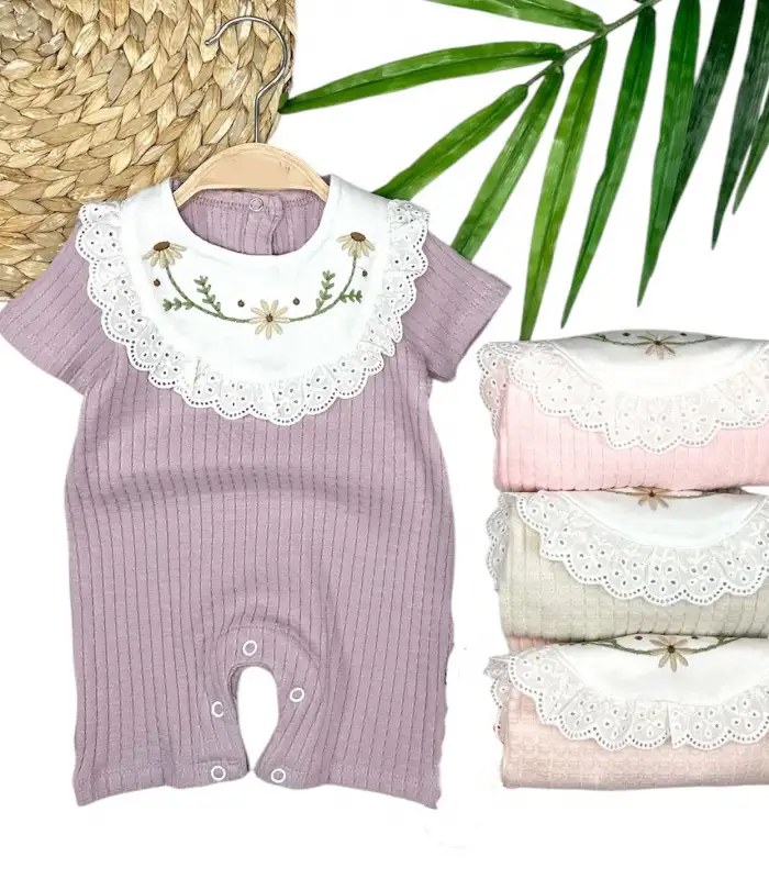 3-6-9-12 Ay Bebe Yaka Çiçek Nakışlı Pamuklu Petek Penye Yazlık Kız Bebek Tulumu