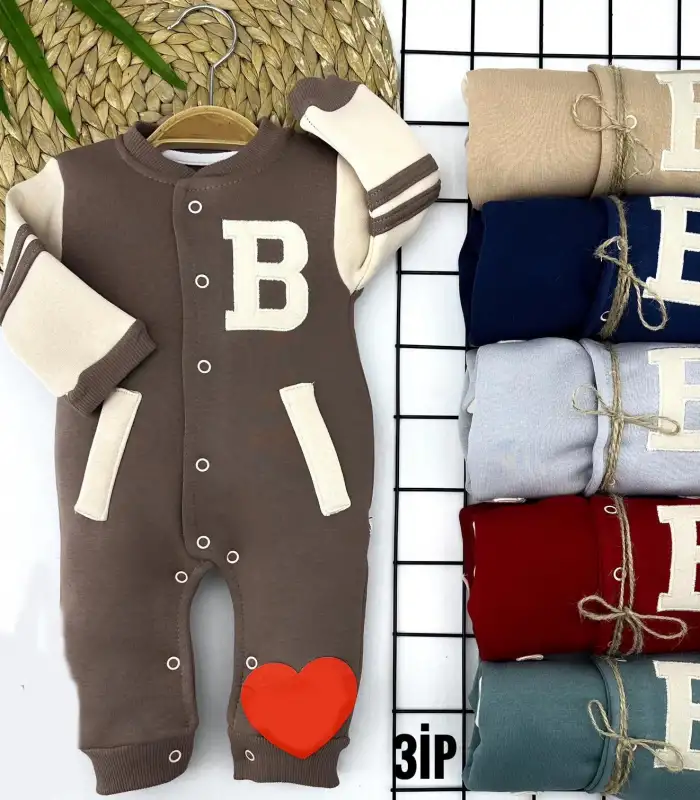3-6-9-12 Ay Harf Baskılı Boydan Ve Alttan Çıtçıt Kapamalı Uzun Kollu Kız Erkek Bebek Tulumu Krem