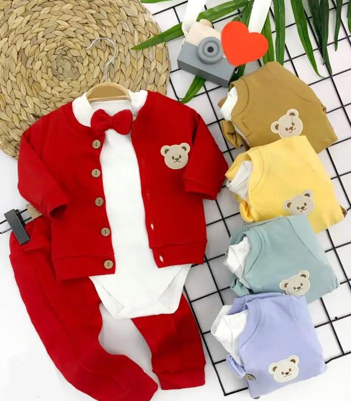 3-6-9-12 Ay Papyonlu Zıbın Düğmeli Hırkalı 3lü Kız Erkek Bebek Takımı Kırmızı