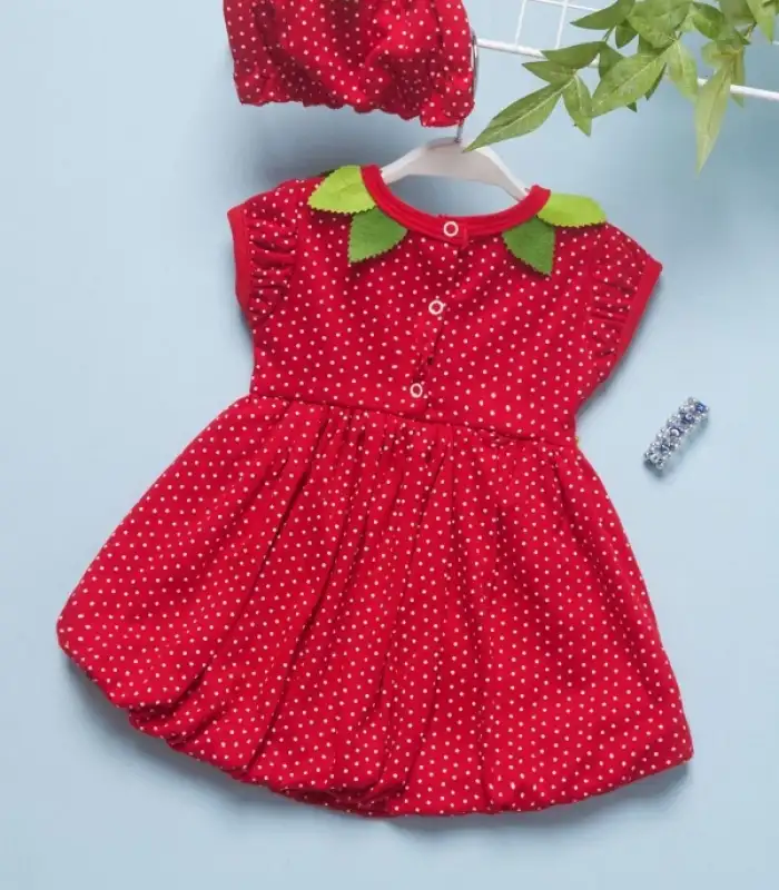 3-6-9 Ay Çilek Bebekler Penye Kumaş Kısa Kol Bebek Elbisesi Kırmızı