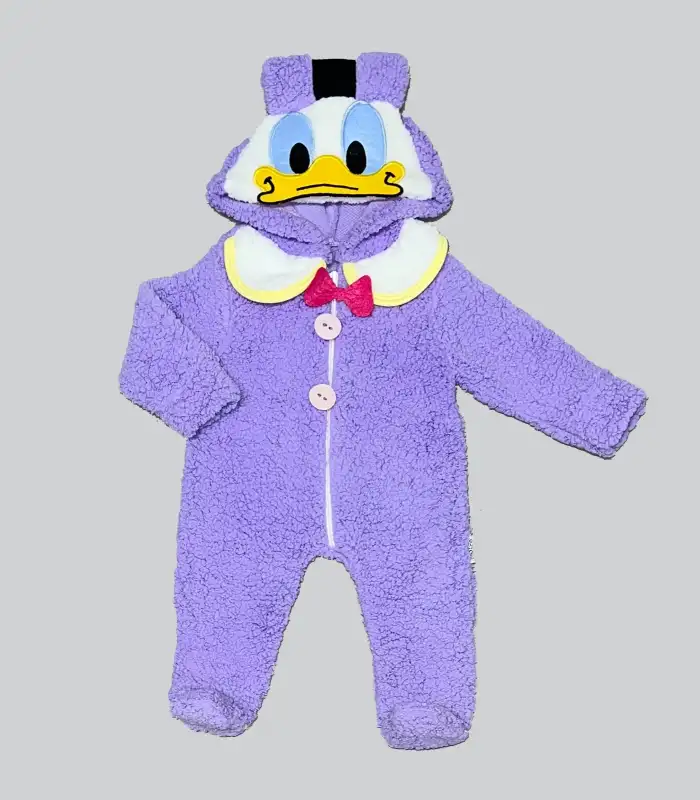 3-6-9 Ay Kuzu Kumaş Minik Duffy Ördek Kapşonlu Fermuarlı Uzun Kollu Kız Erkek Bebek Tulumu Lila