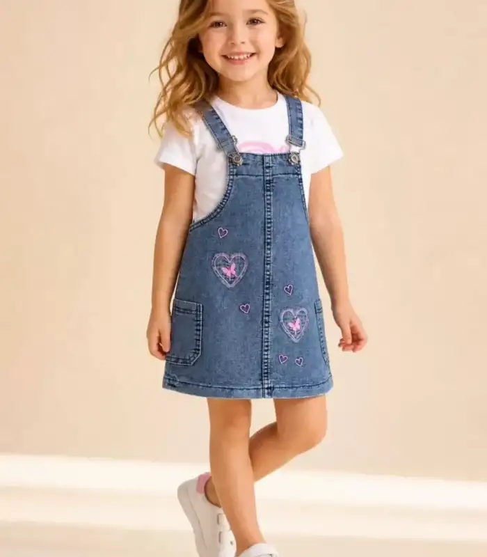3/7 Yaş Etekli Denim Salopet Çocuk Takımı