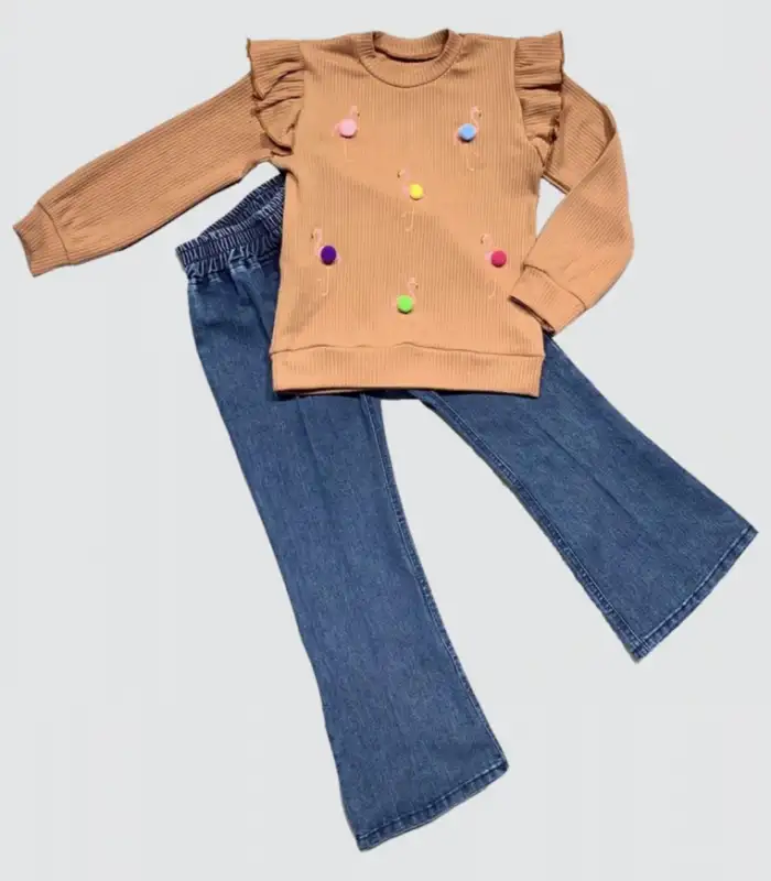 4-5-6 Yaş Kot Pantolonlu Flamingo Desenli Penye Sweat Uzun Kollu 2li Kız Çocuk Takımı Kahverengi