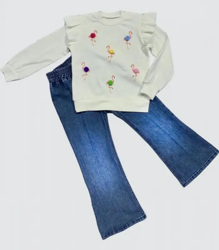 4-5-6 Yaş Kot Pantolonlu Flamingo Desenli Penye Sweat Uzun Kollu 2li Kız Çocuk Takımı Beyaz
