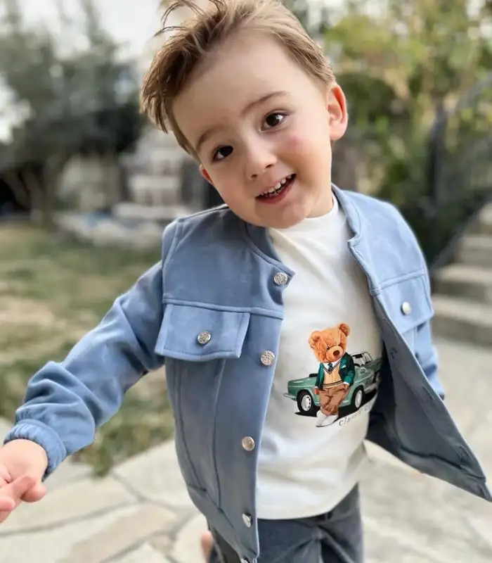 4-5-6 Yaş Kot Pantolonlu Nubukceketli Uzun Kollu Penye Sweat 3lü Erkek Çocuk Takımı Mavi