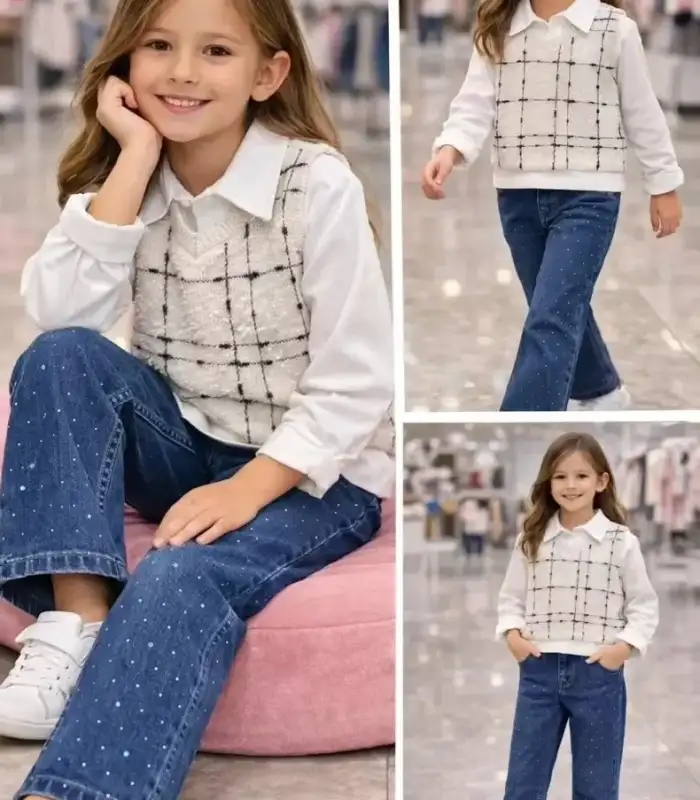 5/10 Yaş Taşlı Kot Pantolon Yelekli Çocuk Takımı
