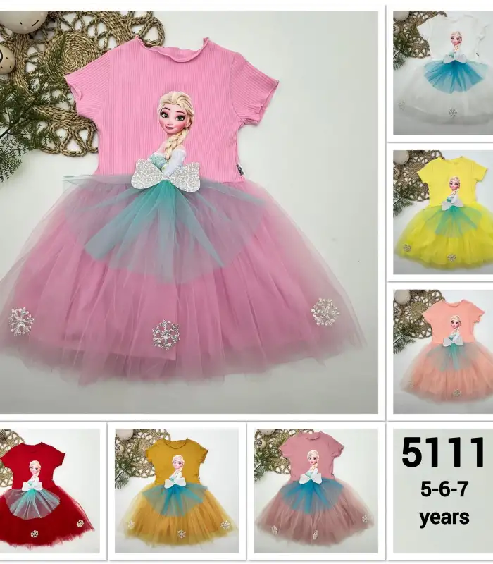 5-6-7 Yaş Elsa Desenli Fiyonklu Tül Etekli Astarlı Kısa Kollu Kız Çocuk Tütü Elbise Sarı