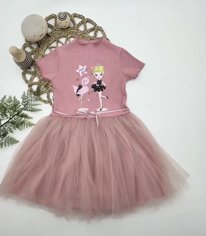 5-6-7 Yaş Flamingo Balerin Kız Baskılı Kurdela Kuşaklı Astarlı Kız Çocuk Tütü Elbise Gül Kurusu