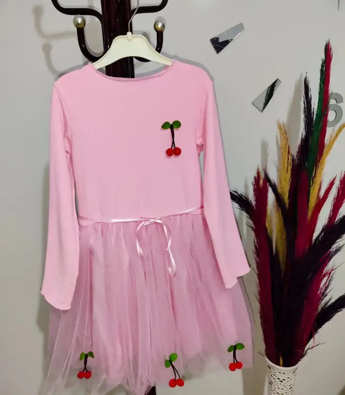 5-6-7 Yaş Kiraz Desenli Kurdela Kuşaklı Astarlı Uzun Kollu Kız Çocuk Tütü Elbise Pembe