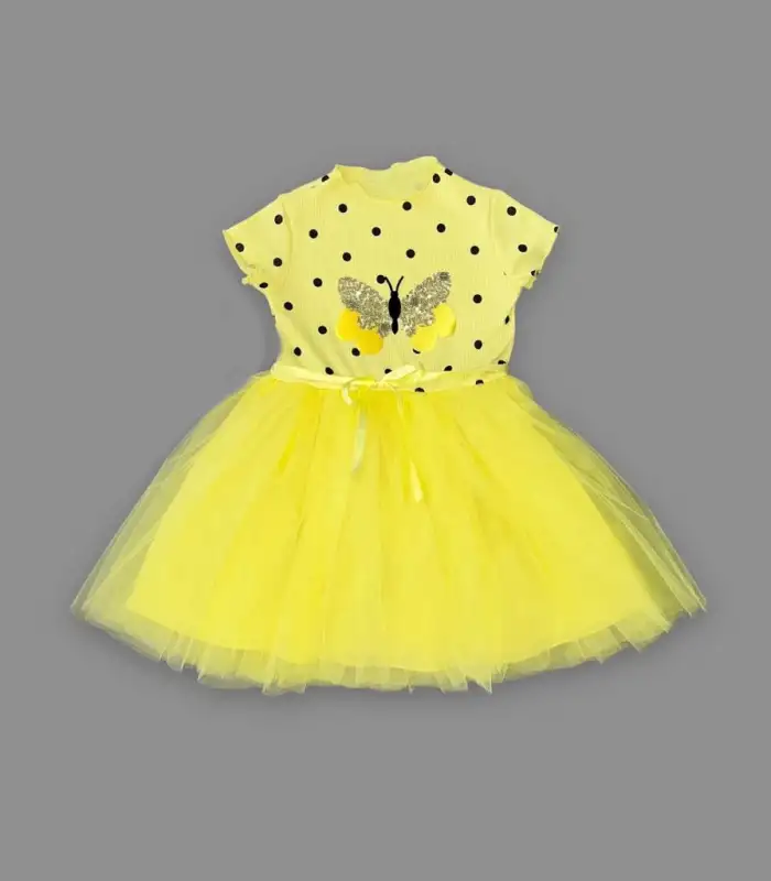 5-6-7 Yaş Payetli Kelebek Desenli Puantiyeli Kız Çocuk Elbisesi Sarı