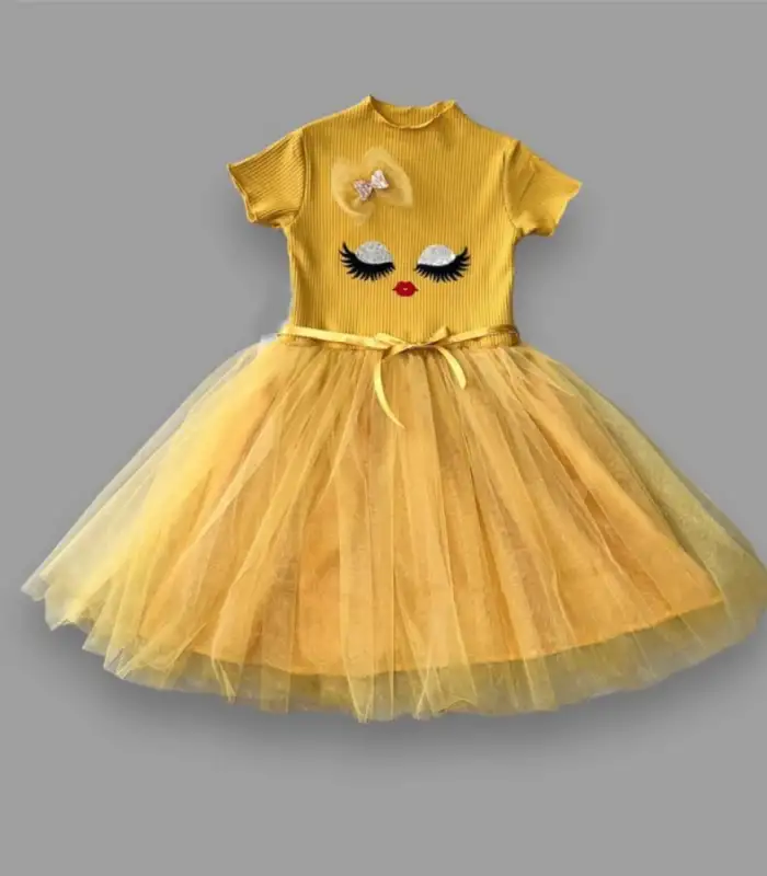 5-6-7 Yaş Payetli Süslü Yüz Baskılı Kız Çocuk Elbisesi Hardal
