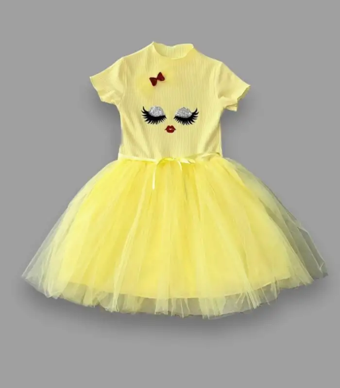 5-6-7 Yaş Payetli Süslü Yüz Baskılı Kız Çocuk Elbisesi Sarı