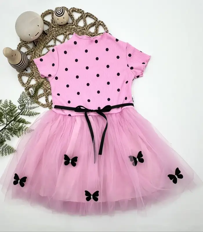 5-6-7 Yaş Puantiyeli Kelebek Etekli Astarlı Kız Çocuk Elbisesi Pembe