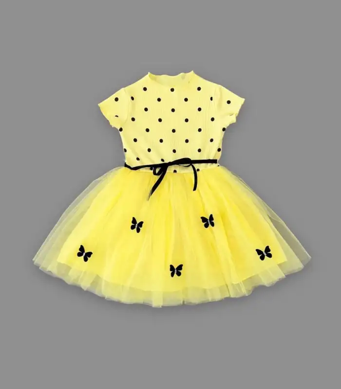 5-6-7 Yaş Puantiyeli Kelebek Etekli Astarlı Kız Çocuk Elbisesi Sarı