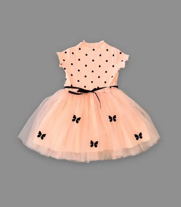 5-6-7 Yaş Puantiyeli Kelebek Etekli Astarlı Kız Çocuk Elbisesi Somon