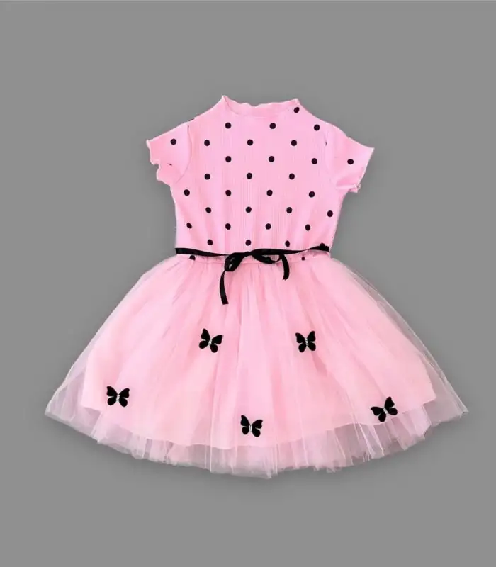 5-6-7 Yaş Puantiyeli Kelebek Etekli Astarlı Kız Çocuk Elbisesi Pembe