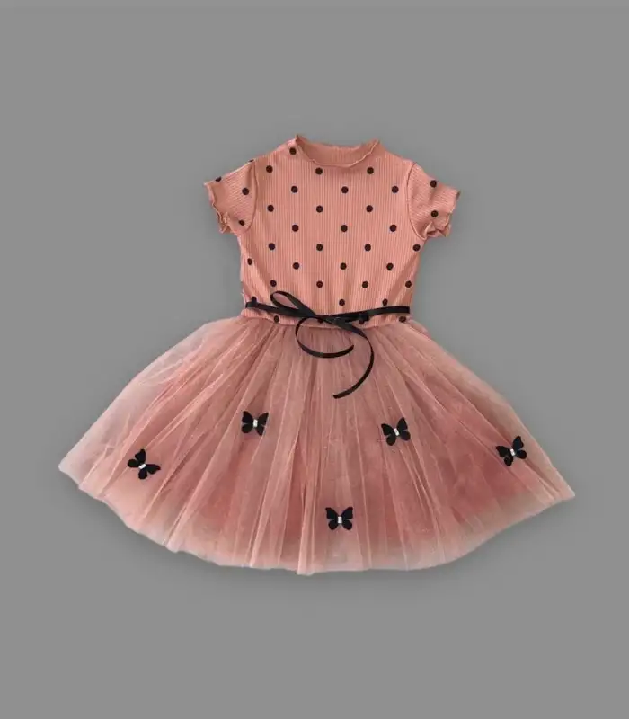 5-6-7 Yaş Puantiyeli Kelebek Etekli Astarlı Kız Çocuk Elbisesi Kahverengi
