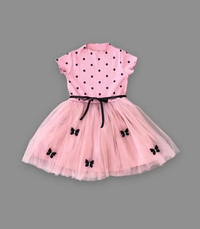 5-6-7 Yaş Puantiyeli Kelebek Etekli Astarlı Kız Çocuk Elbisesi Gül Kurusu