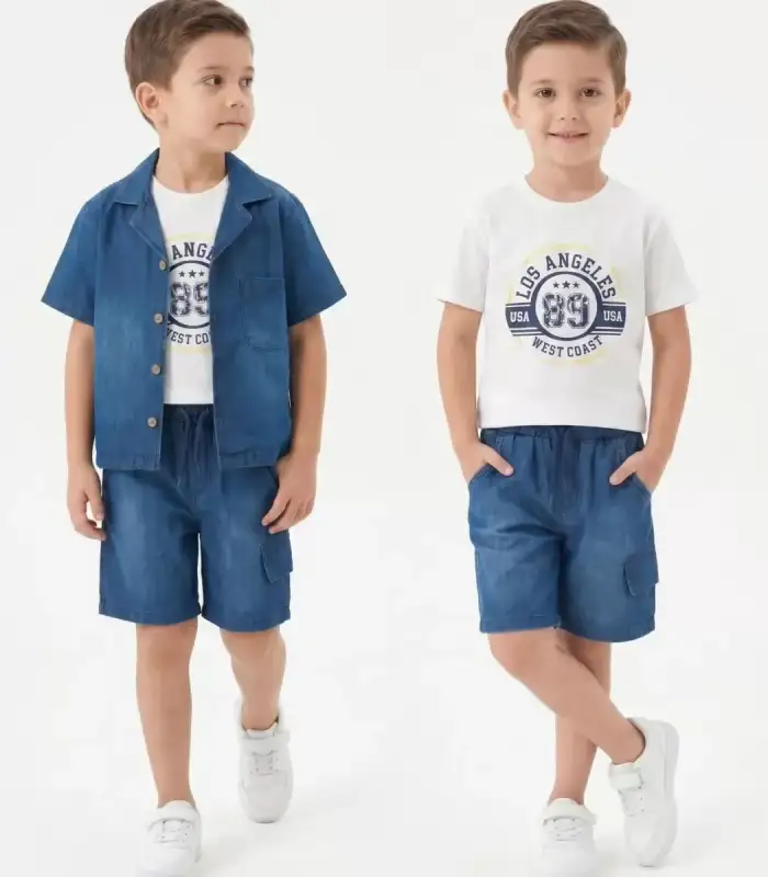 6/10 Yaş Denim Gömlek Şortlu 3lü Çocuk Takımı