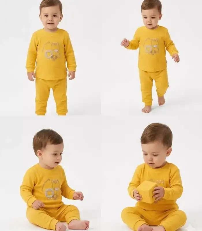 6/24 Ay Baskılı Waffle Kumaş Bebek Takımı