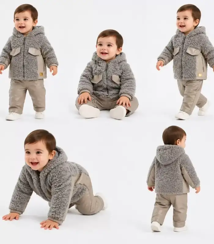 6/24 Ay Deri Detaylı Ceketli Kuzu Bebek Takımı