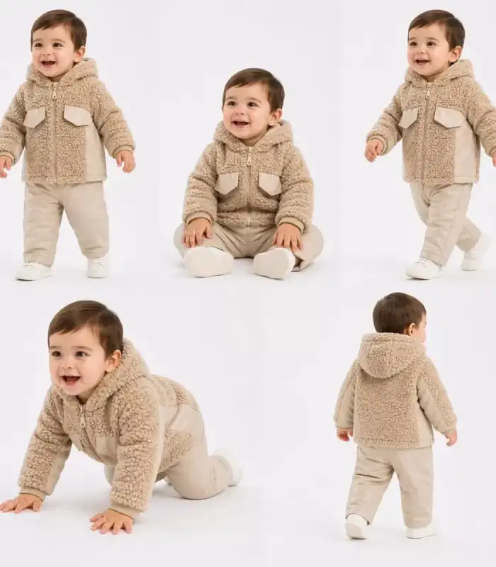 6/24 Ay Deri Detaylı Ceketli Kuzu Bebek Takımı