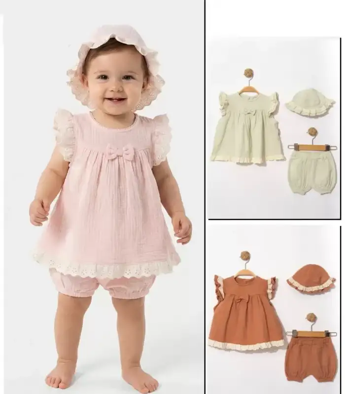 6/24 Ay Şapkalı Müslin Kumaş 3 Parça Bebek Takımı