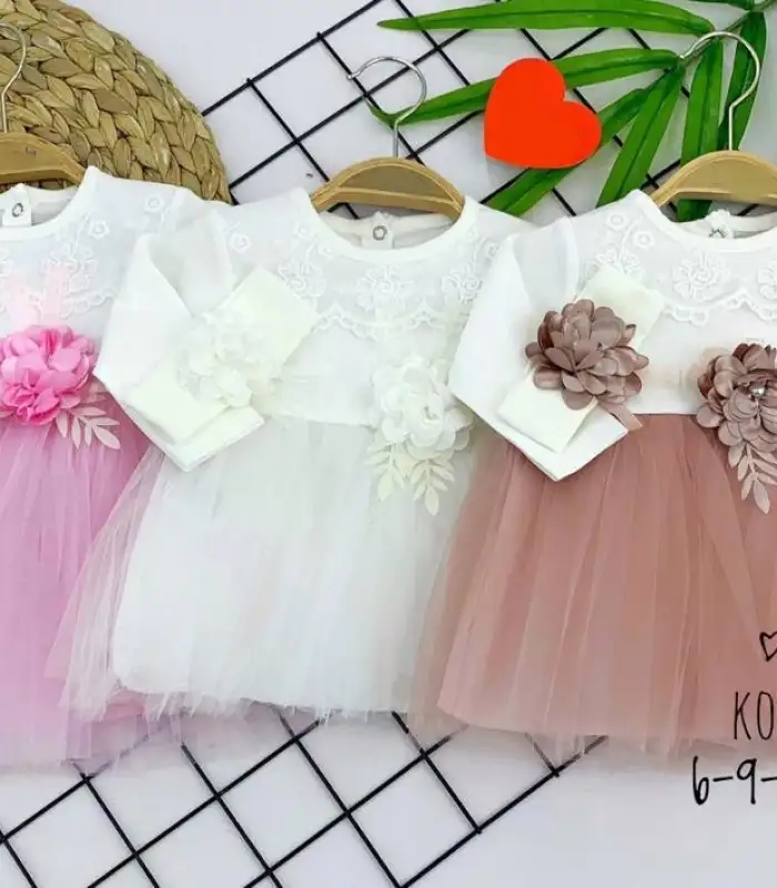 6-9-12-18 Ay Boyundan Brode Desenli Bandanalı Astarlı Kız Bebek Elbisesi Pembe