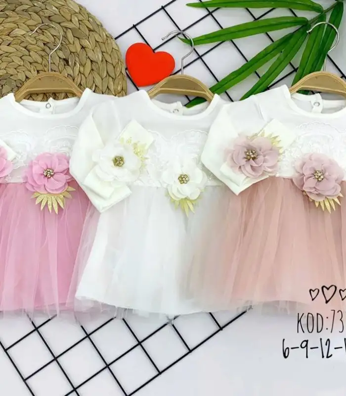 6-9-12-18 Ay Brode Çiçek Desenli Bandanalı Astarlı Kız Bebek Elbisesi Pembe