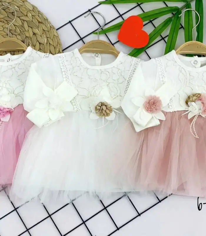 6-9-12-18 Ay Dalga Desenli Bandanalı Astarlı Kız Bebek Elbisesi Pembe