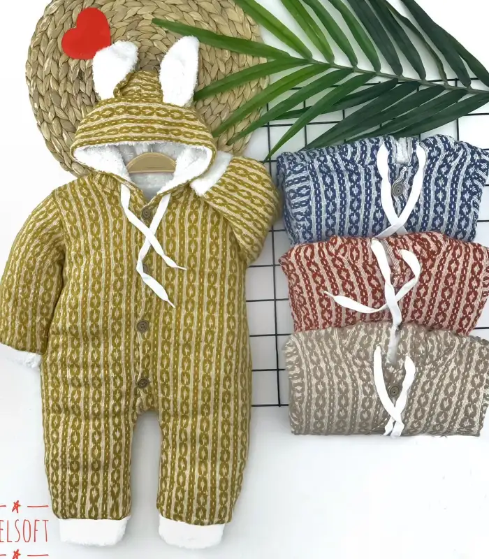 6-9-12-18 Ay Düğme Kapamalı Kulaklı Kapşonlu Triko Kumaş Kız Erkek Bebek Tulumu Mavi