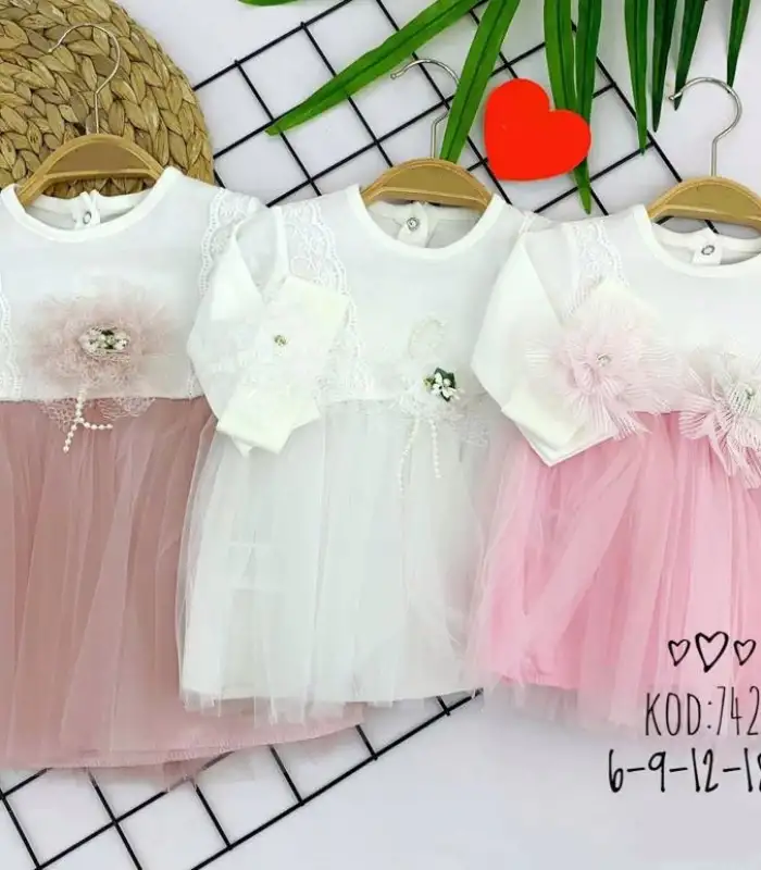 6-9-12-18 Ay Koldan Brode Desenli Bandanalı Astarlı Kız Bebek Elbisesi Beyaz