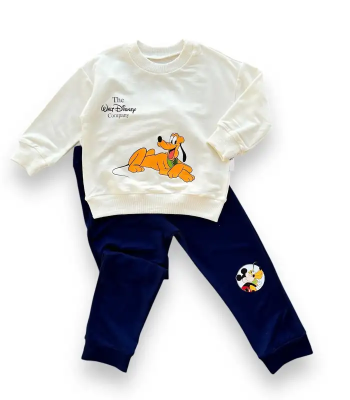 6-9-12-18 Ay Köpek Baskılı Pamuk Penye Kumaş Erkek Bebek Takımı Lacivert