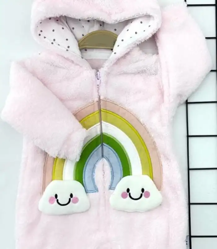 6-9-12-18 Ay Kuzu Tüylü Kumaş Fermuarlı Gökkuşağı Nakışlı Kulaklı Kapşon Kız Erkek Bebek Tulumu Pembe