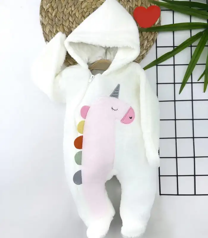 6-9-12-18 Ay Kuzu Tüylü Kumaş Unicorn Nakışlı Kapşonlu Fermuarlı Kız Erkek Bebek Tulumu Krem