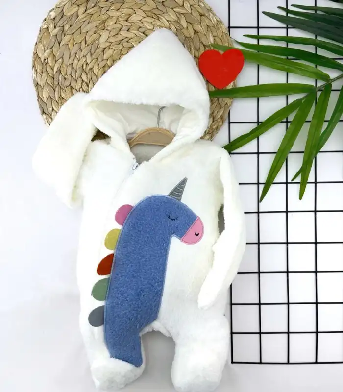 6-9-12-18 Ay Kuzu Tüylü Kumaş Unicorn Nakışlı Kapşonlu Fermuarlı Kız Erkek Bebek Tulumu Ekru