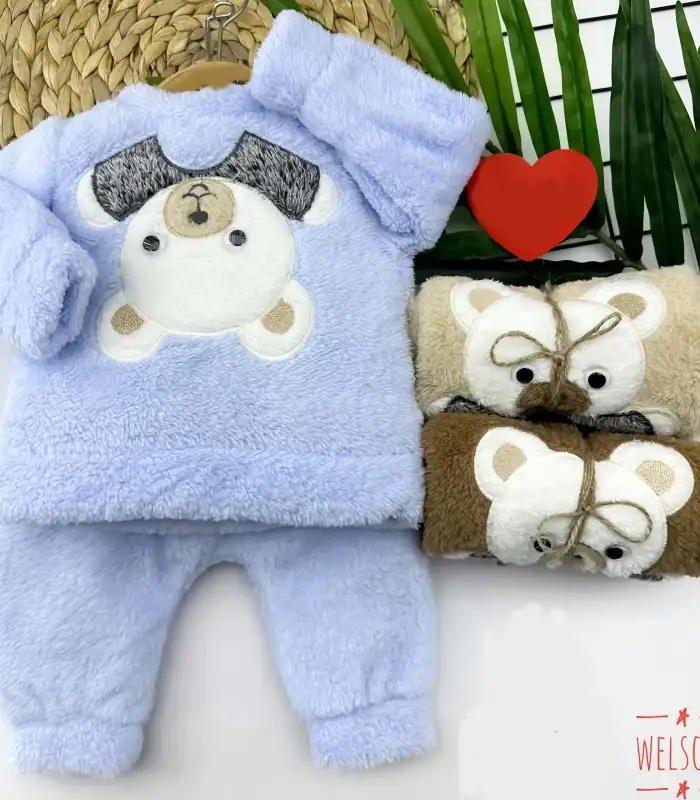 6-9-12-18 Ay Welsoft Kumaş Ters Ayı Desenli Uzun Kollu 2li Kız Erkek Bebek Takımı Mavi